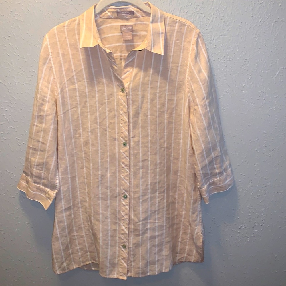Chico’s Linen Cream Stripe Blouse Top Chico’s Size 1  US Medium 8 10